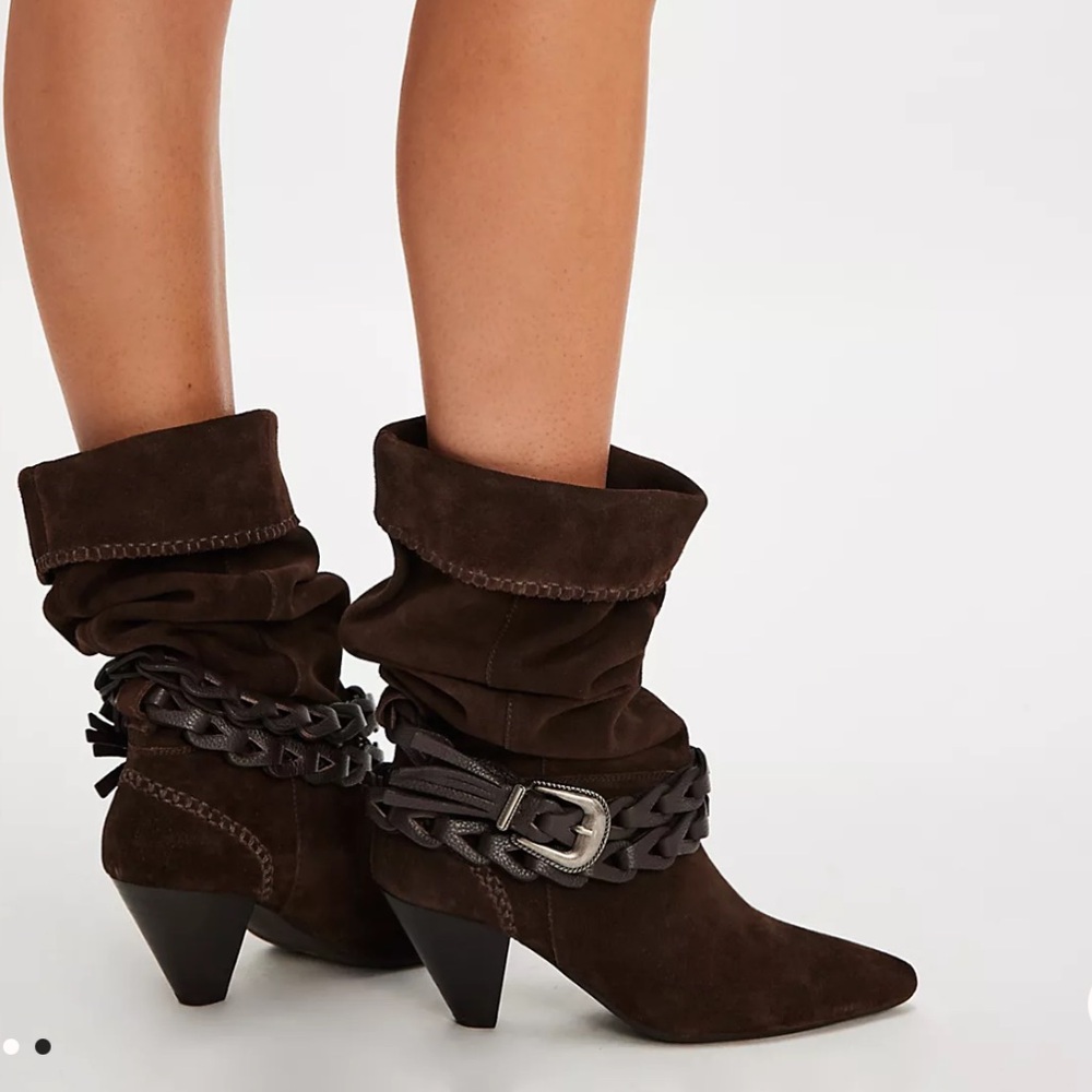 Free People Chocolate Brown Suede Slouch Ankle Boots with Braided Strap